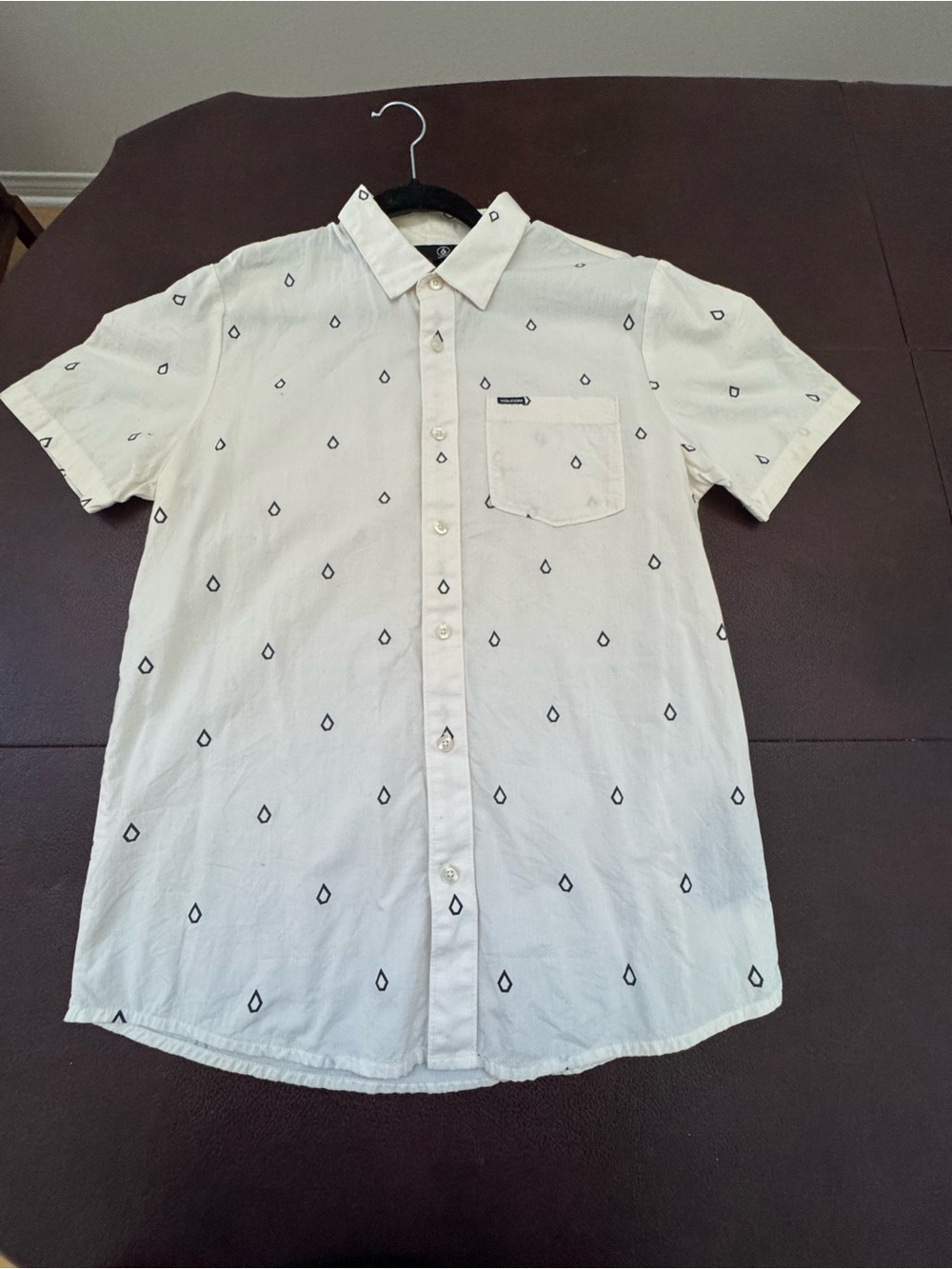 Volcom Short-Sleeve Button-Up Shirt - Cream with Black Teardrop Print size S